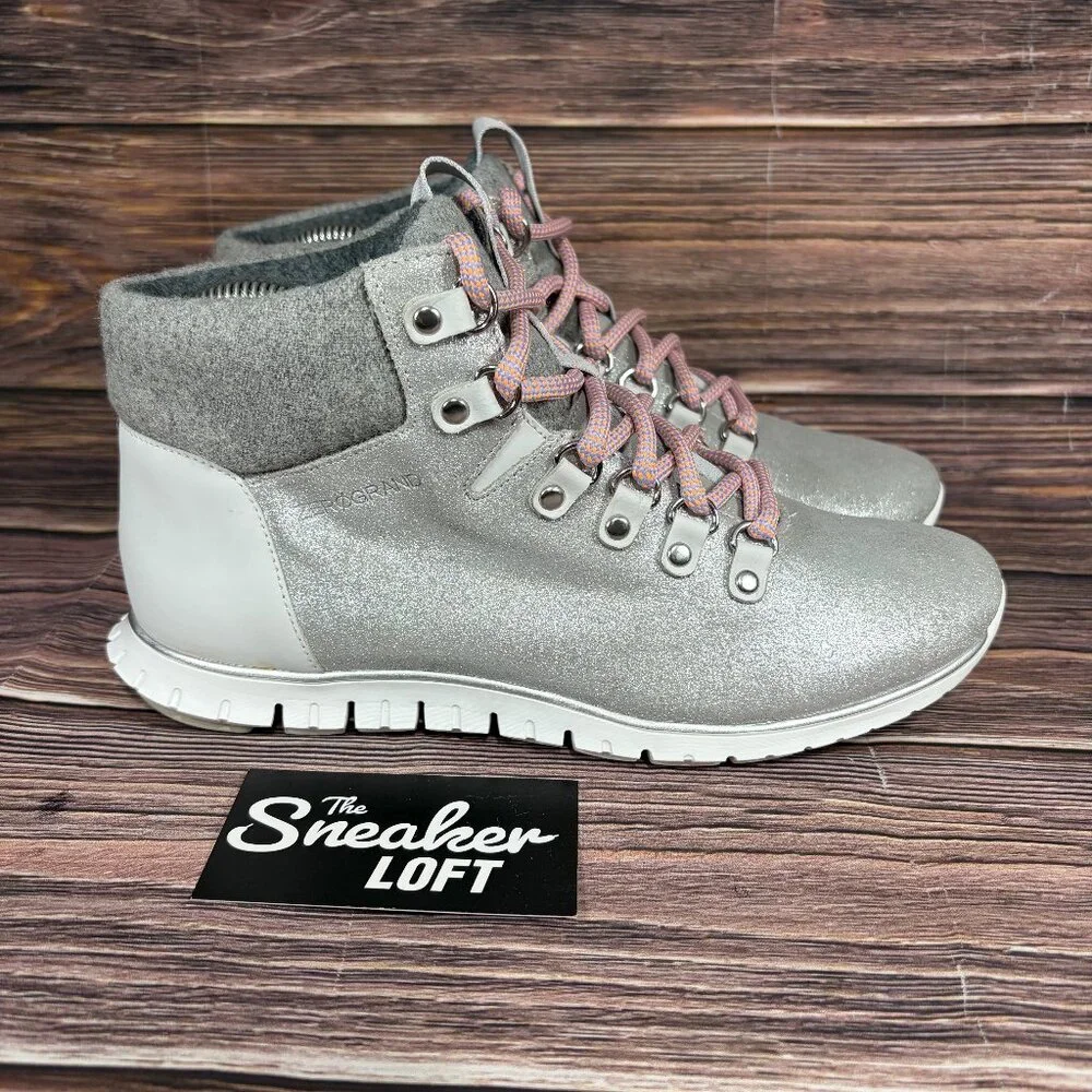 Cole Haan Zerogrand Waterproof Hiker Lace‎ Up Boots Silver Glitter Size 7.5